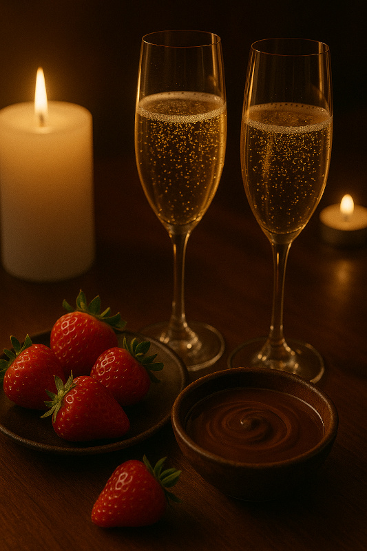 2 coupes de champagne et des fraises à tremper dans le chocolat