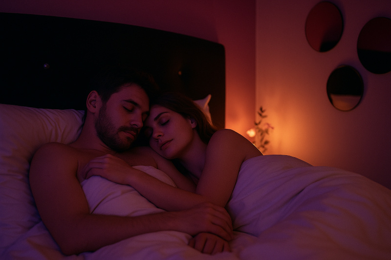 couple qui s'endort dans la love room, enlacés